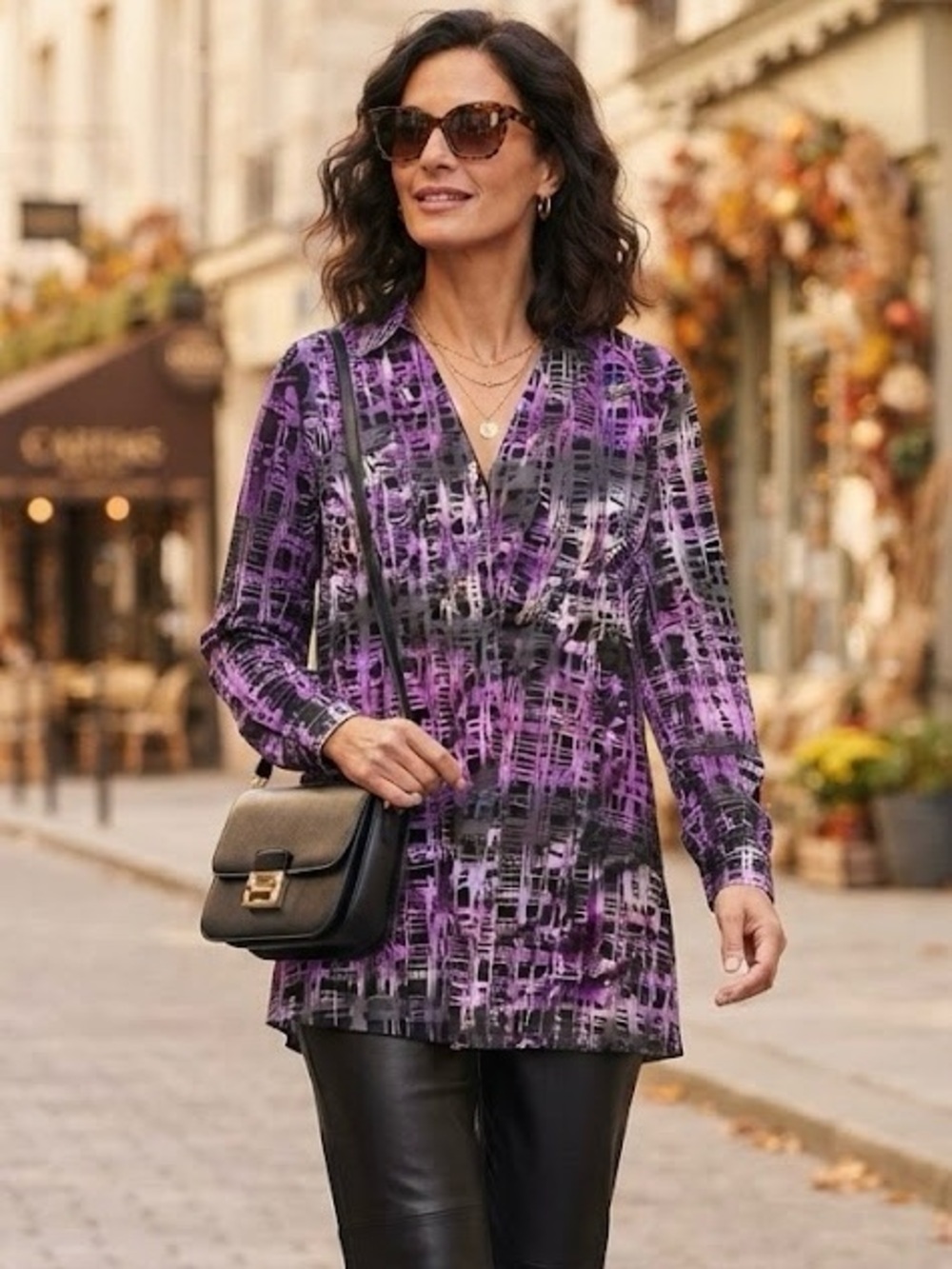 TanJay Purple and Black Abstract Print Long Sleeve Duster Top Cardigan Breezy